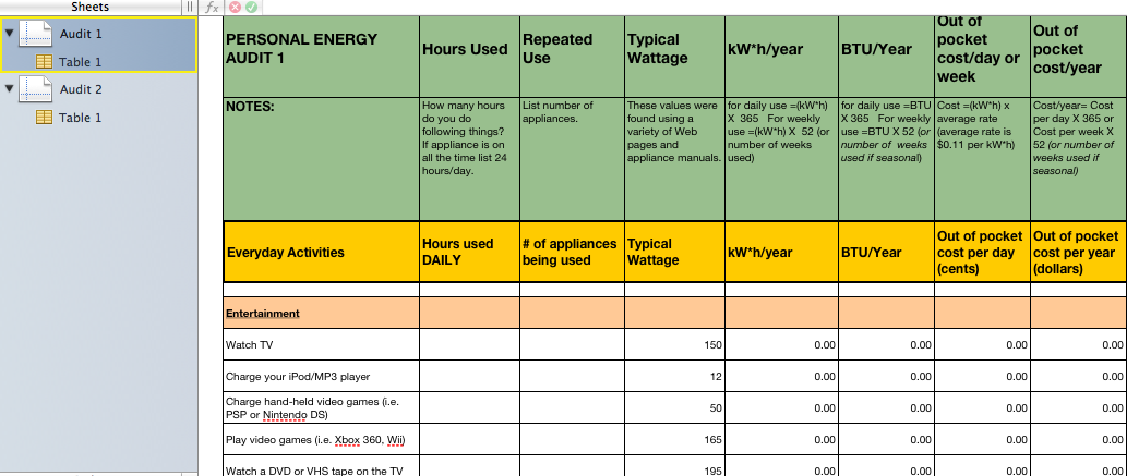 4 PERSONAL ENERGY AUDIT SPREADSHEET STUDENT HANDOUT PERSONAL ENERGY