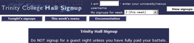SIGNING UP FOR EVENING MEALS IN TRINITY HALL IT